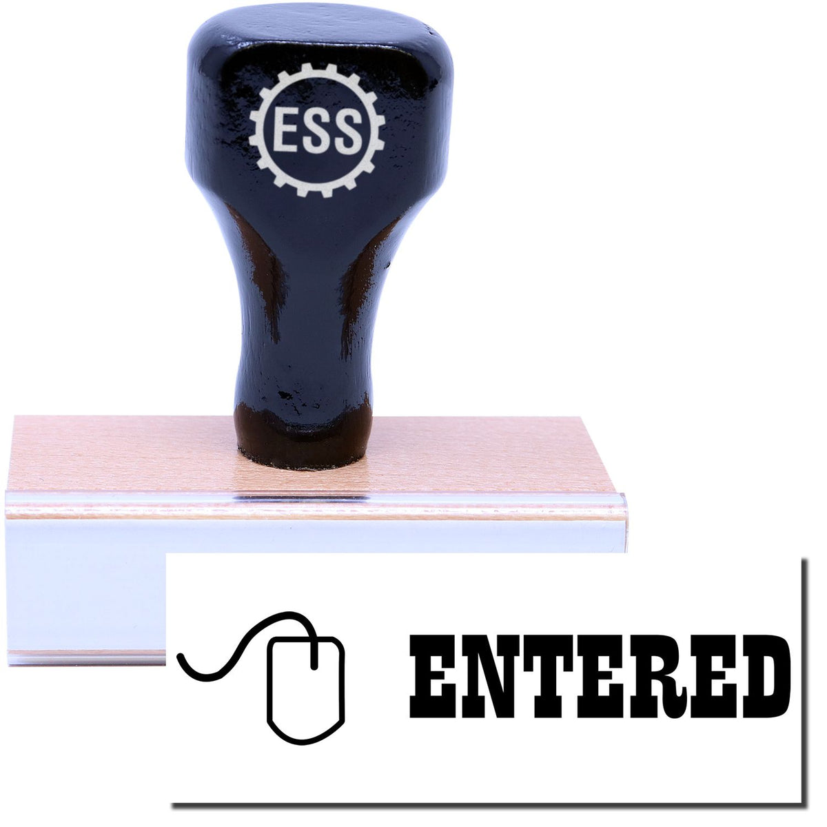 A stock office rubber stamp with a stamped image showing how the text &quot;ENTERED&quot; in a large bright font with a small icon of a mouse on the left side is displayed after stamping.