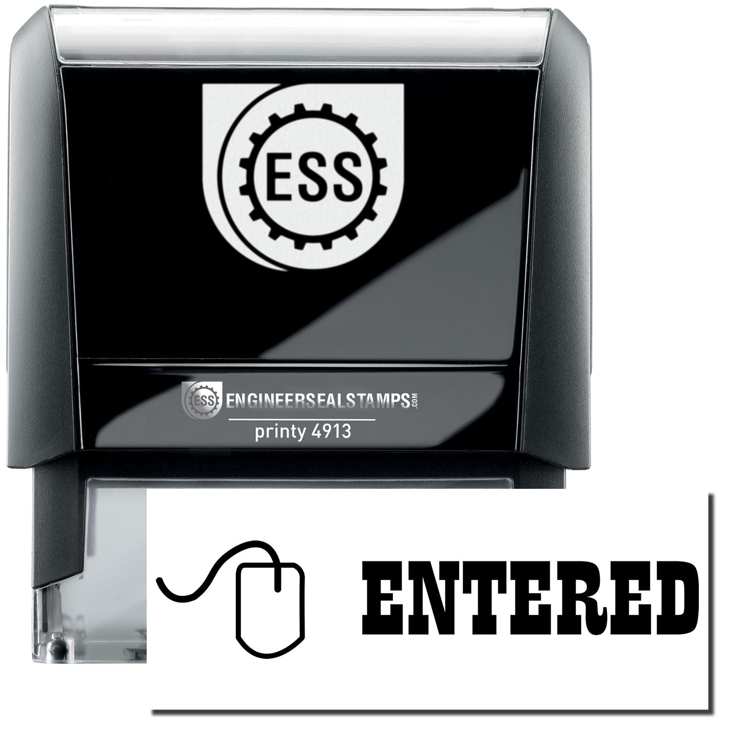 A self-inking stamp with a stamped image showing how the text "ENTERED" in a large bold font with a small icon of a mouse on the left side is displayed after stamping.