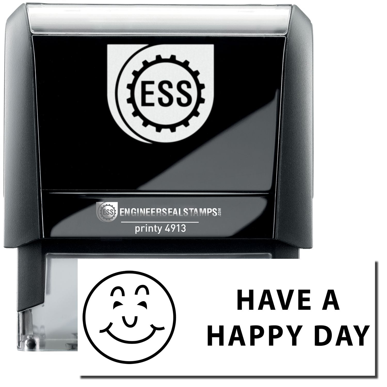 A self-inking stamp with a stamped image showing how the text "HAVE A HAPPY DAY" in a large font with an icon of a smiling face next to it is displayed after stamping.