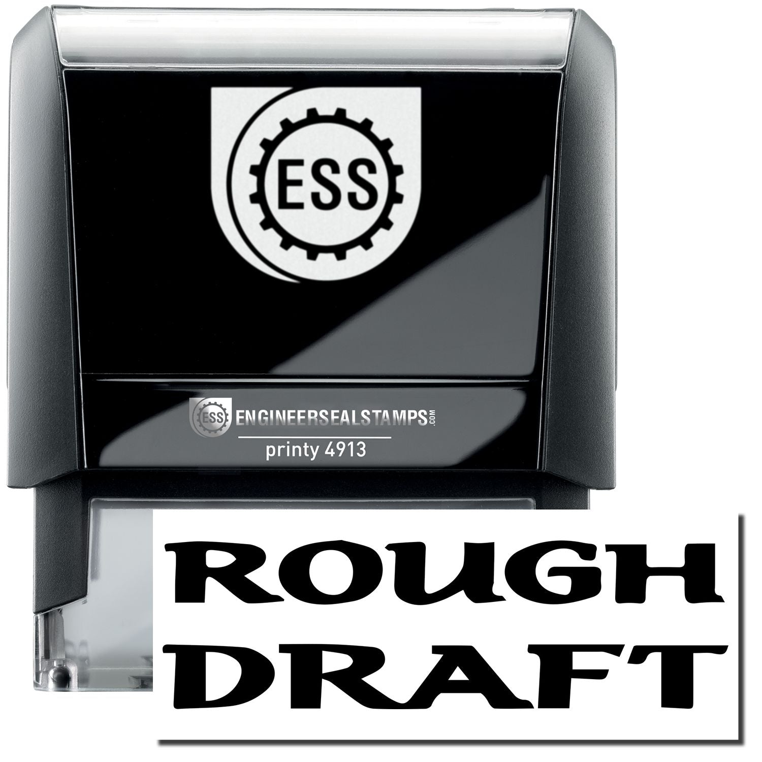 A self-inking stamp with a stamped image showing how the text ROUGH DRAFT in a large bold font is displayed by it after stamping.