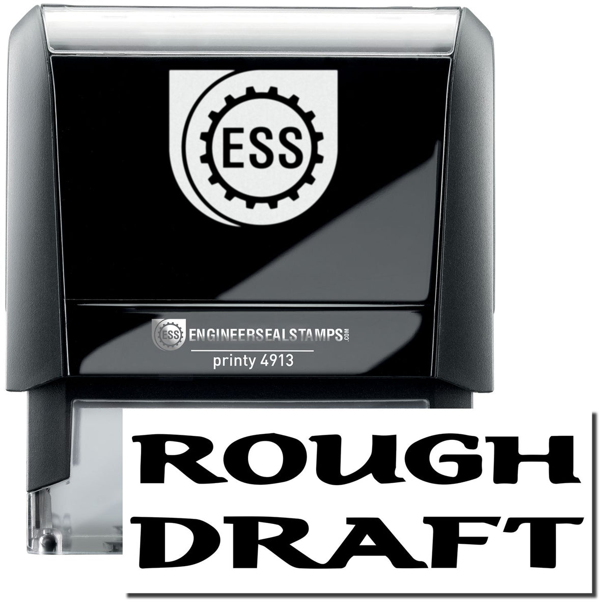 A self-inking stamp with a stamped image showing how the text &quot;ROUGH DRAFT&quot; in a large bold font is displayed by it after stamping.