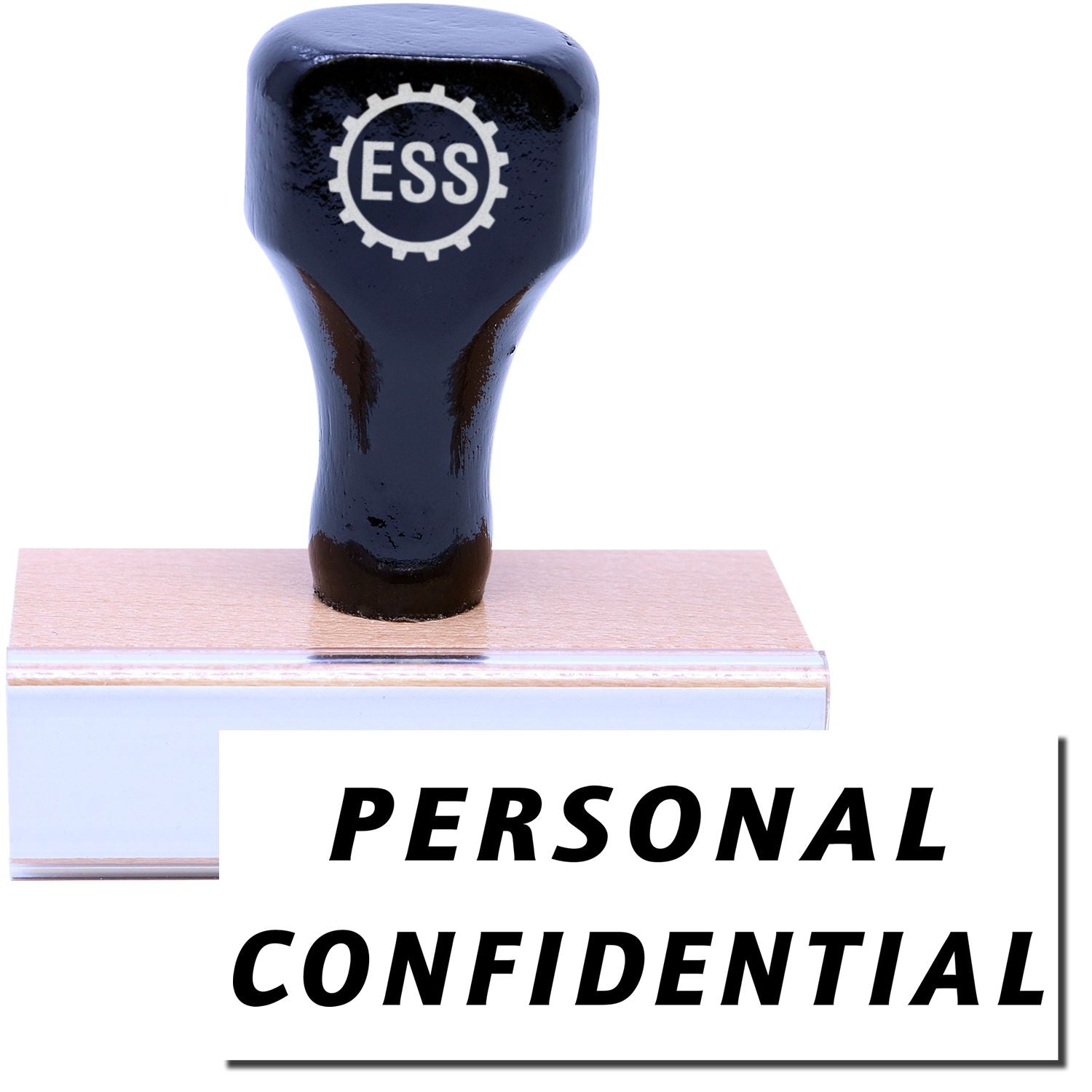 A stock office rubber stamp with a stamped image showing how the text PERSONAL CONFIDENTIAL in a large italic font is displayed after stamping.