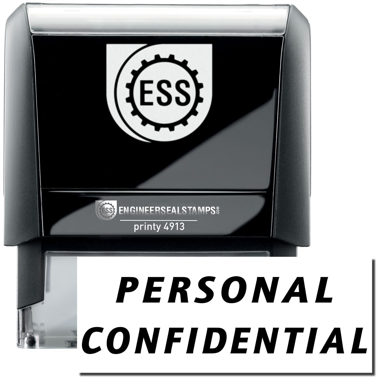 A self-inking stamp with a stamped image showing how the text PERSONAL CONFIDENTIAL in a large Italic font is displayed by it after stamping.