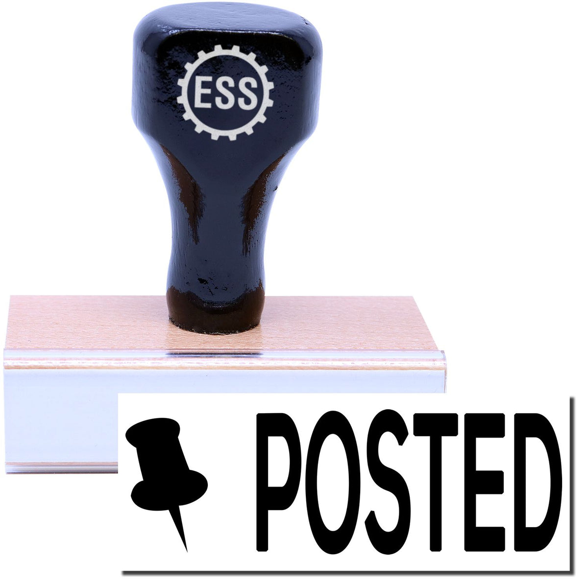 A stock office rubber stamp with a stamped image showing how the text &quot;POSTED &quot; in a large bold font with a thumbtack image on the left side is displayed after stamping.