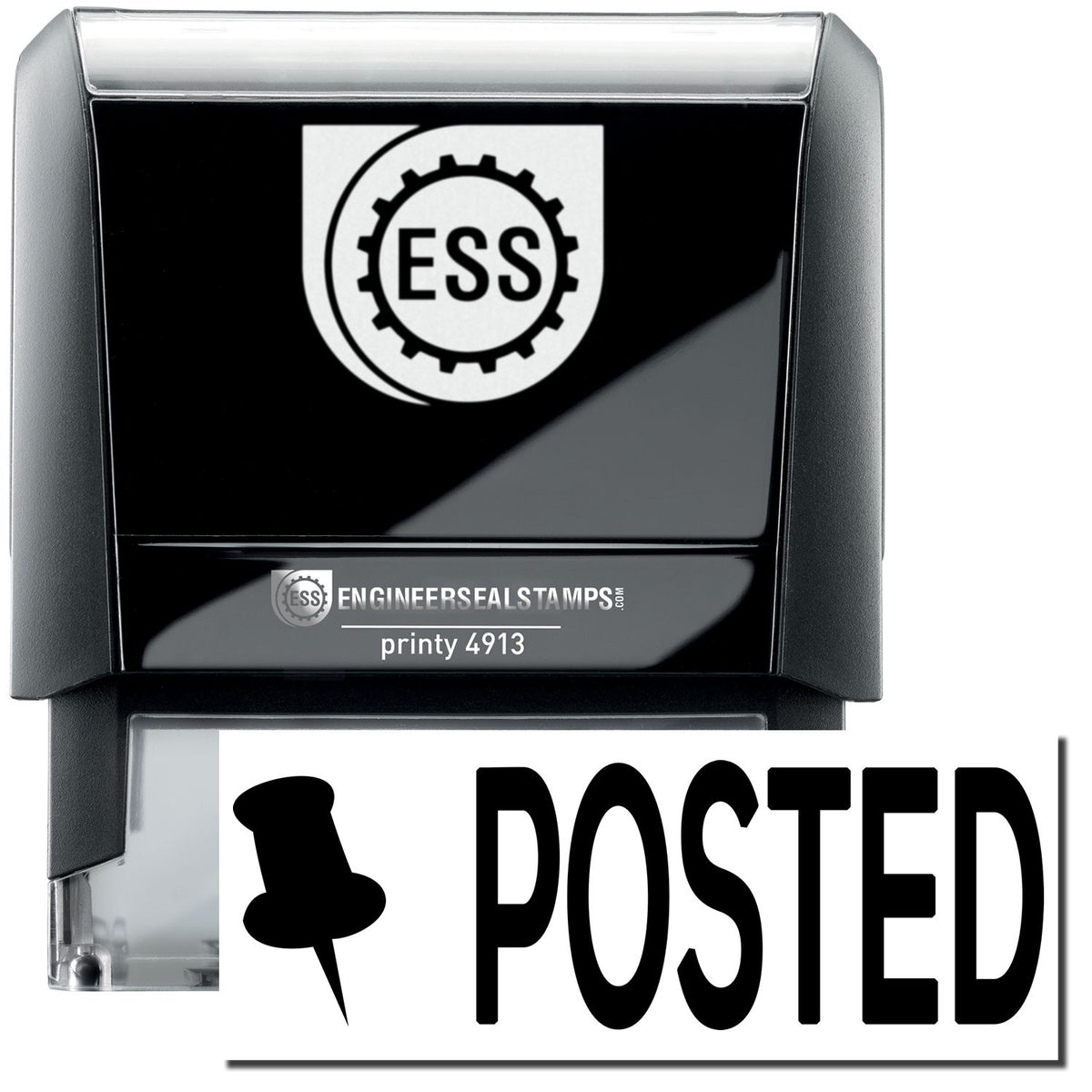 A self-inking stamp with a stamped image showing how the text &quot;POSTED&quot; in a large bold font with a thumbtack image on the left side is displayed after stamping.