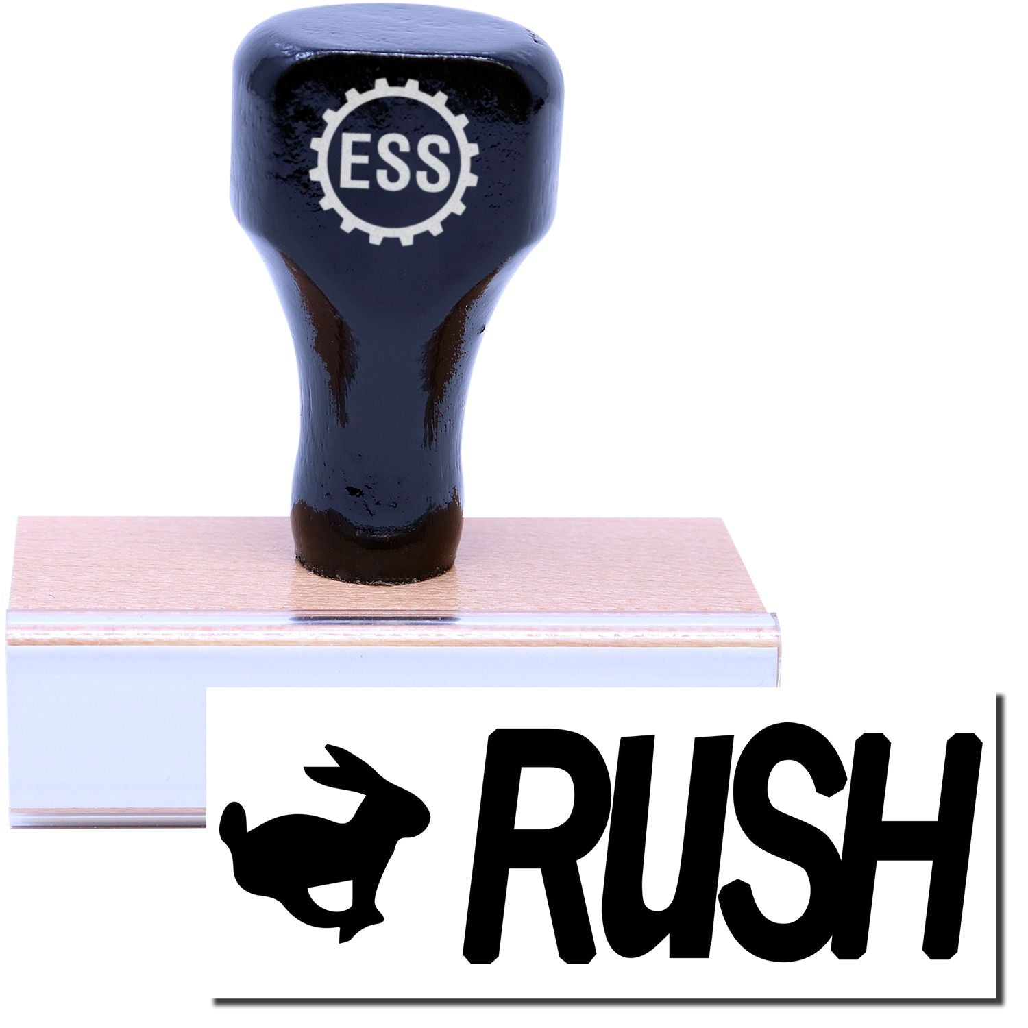 A stock office rubber stamp with a stamped image showing how the text RUSH in a large bold font with an image of a rabbit on the left side is displayed after stamping.