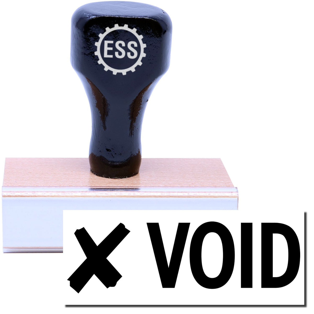 A stock office rubber stamp with a stamped image showing how the text &quot;VOID&quot; in a large font with a cross (X) sign on the left side is displayed after stamping.