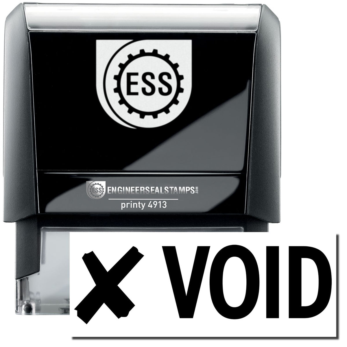 A self-inking stamp with a stamped image showing how the text &quot;VOID&quot; in a large font with an image of a cross (X) on the left side is displayed after stamping.