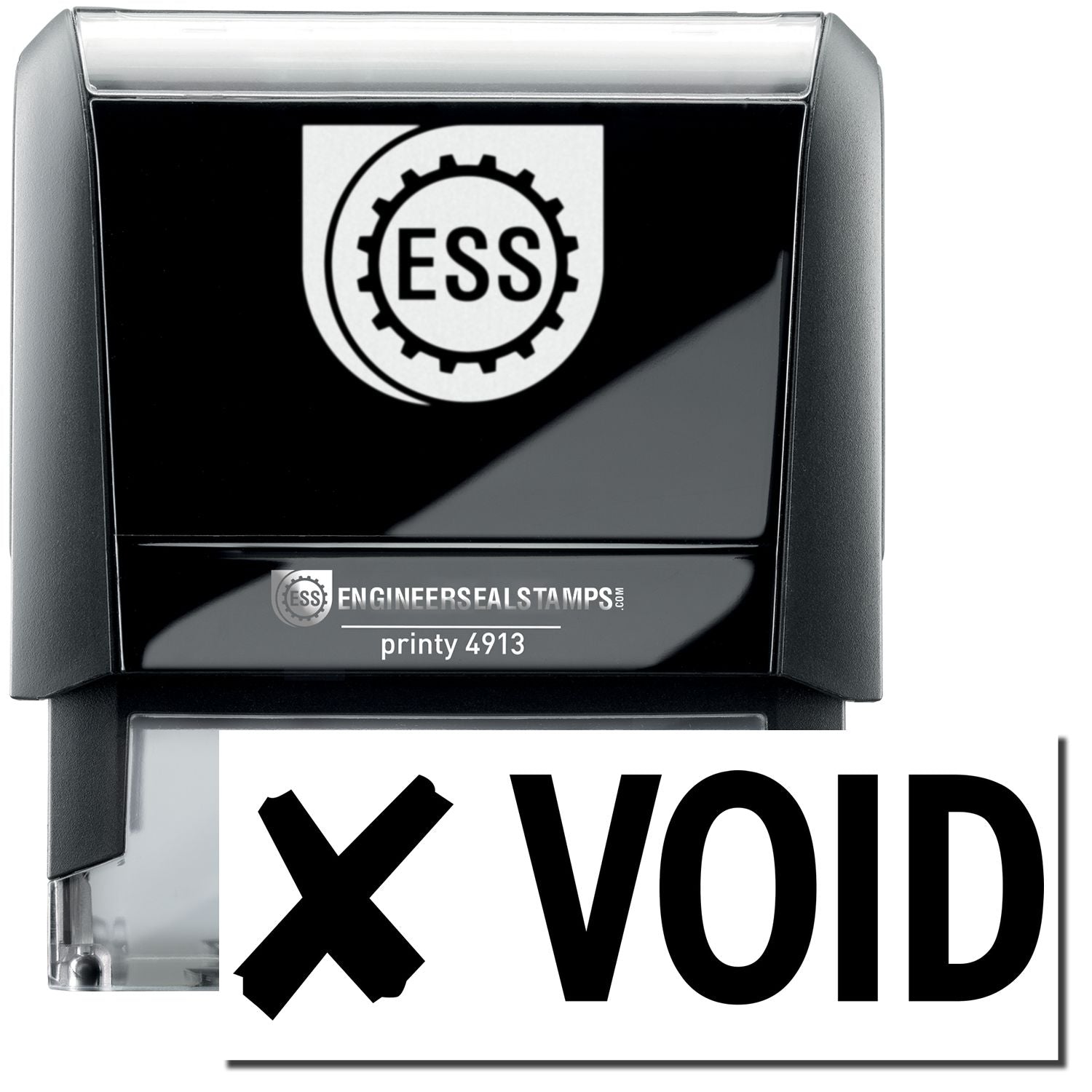 A self-inking stamp with a stamped image showing how the text "VOID" in a large font with an image of a cross (X) on the left side is displayed after stamping.