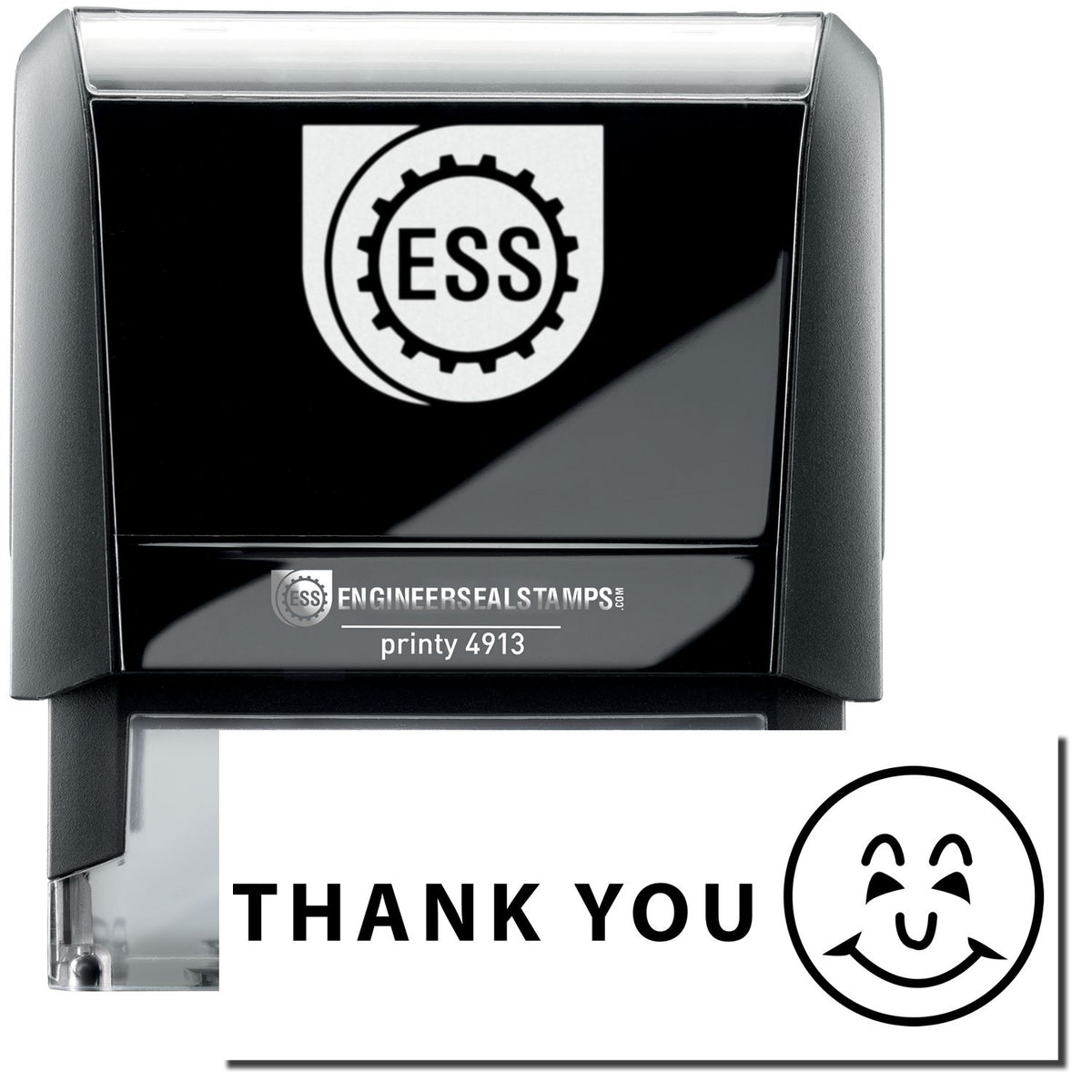 A self-inking stamp with a stamped image showing how the text &quot;THANK YOU&quot; in a large font with an image of a Smiley face on the right side is displayed after stamping.