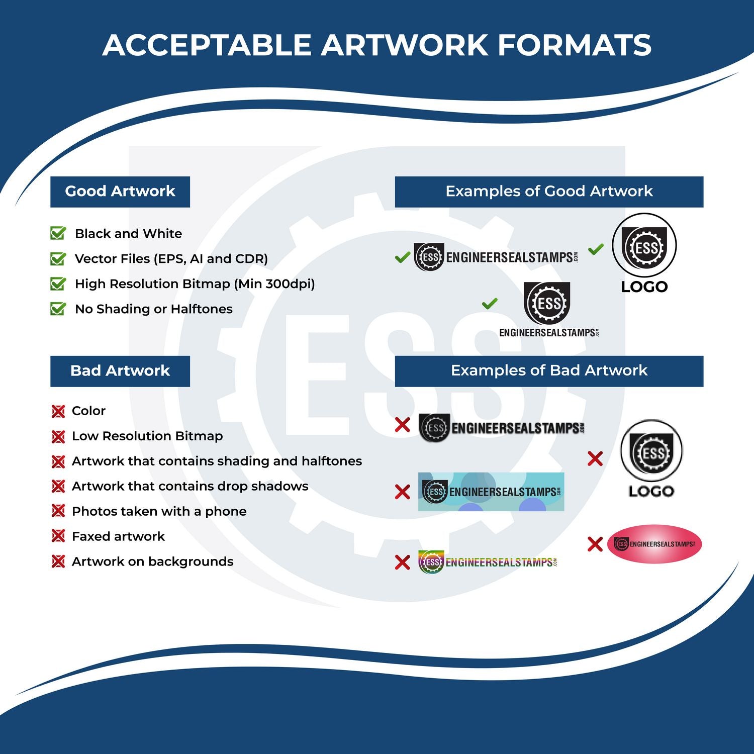 Acceptable artwork formats for Custom Rubber Stamp Size 5 x 10, including good and bad examples, with logos and vector file guidelines.