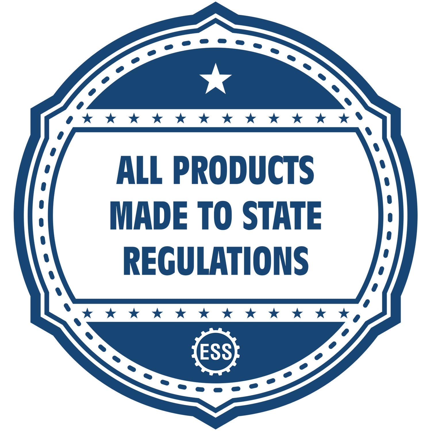 Blue circular seal with text All Products Made to State Regulations and ESS at the bottom. Product name: Alaska Architect Seal Stamp.