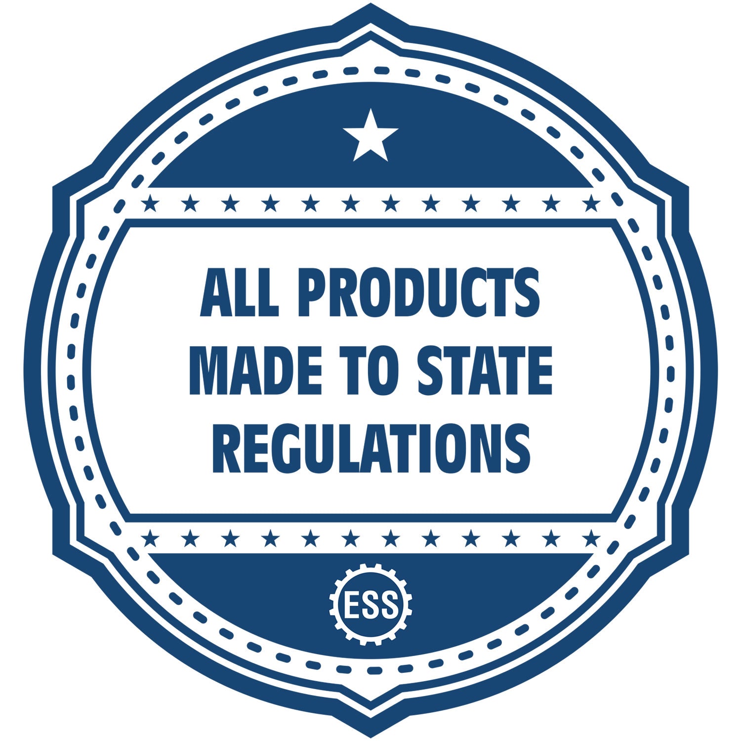 An icon or badge element for the Wooden Handle Mississippi State Seal Notary Public Stamp showing that this product is made in compliance with state regulations.