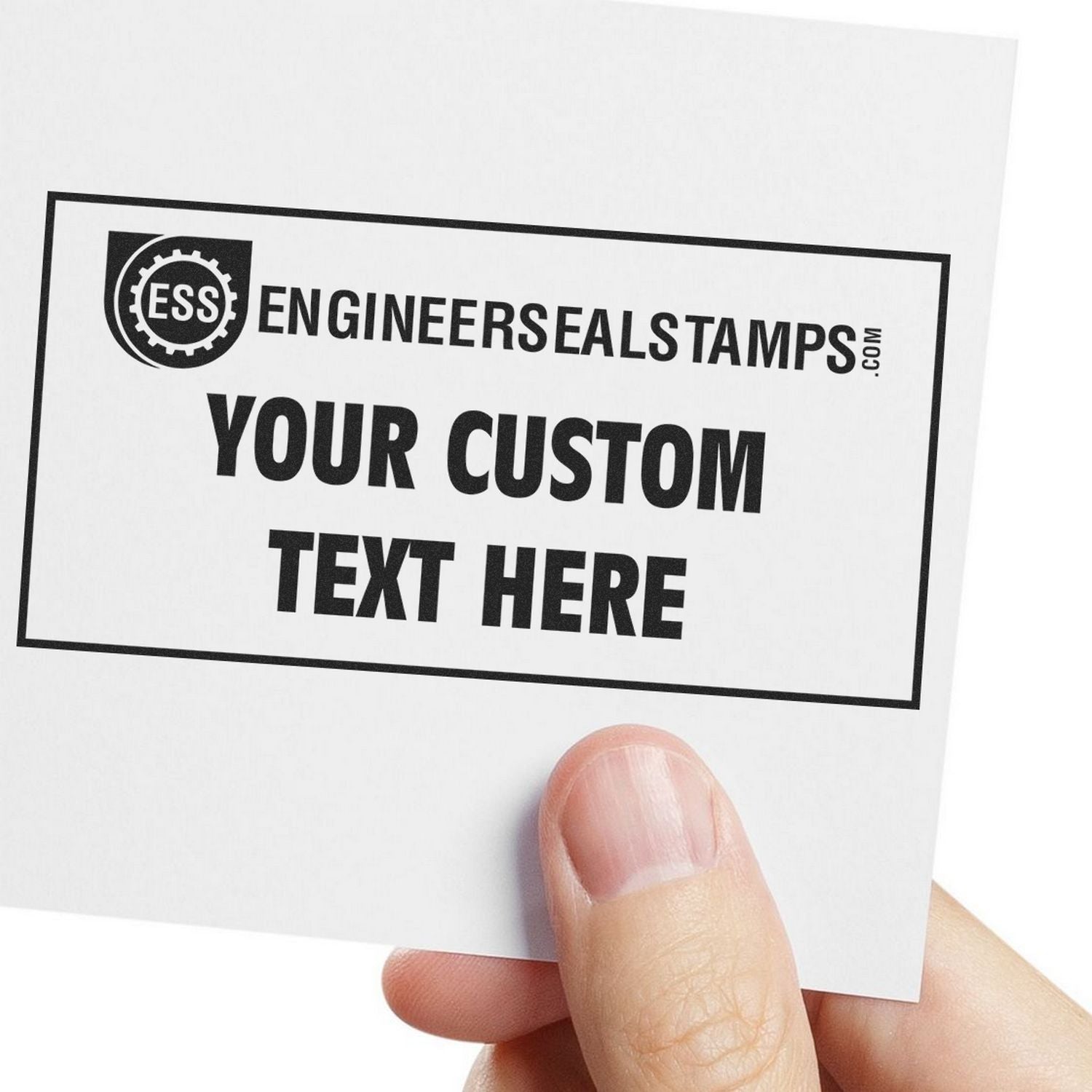 A hand holding a card stamped with YOUR CUSTOM TEXT HERE using the Custom Self Inking Stamp Trodat 4927 Size 1-9/16 x 2-3/8.