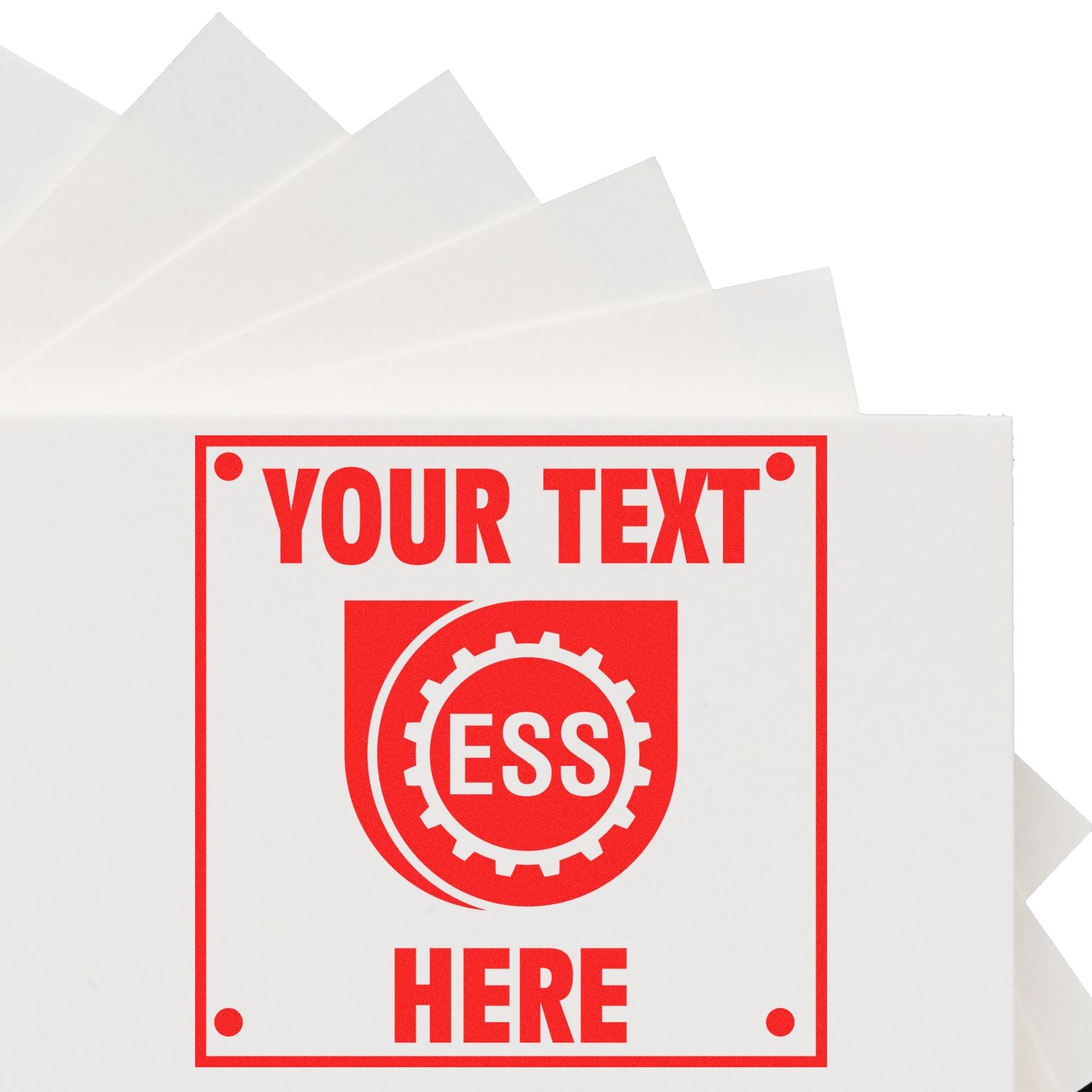 Custom Rubber Stamp Size 1 x 1 in red ink, displaying YOUR TEXT HERE with the ESS logo, stamped on white paper.