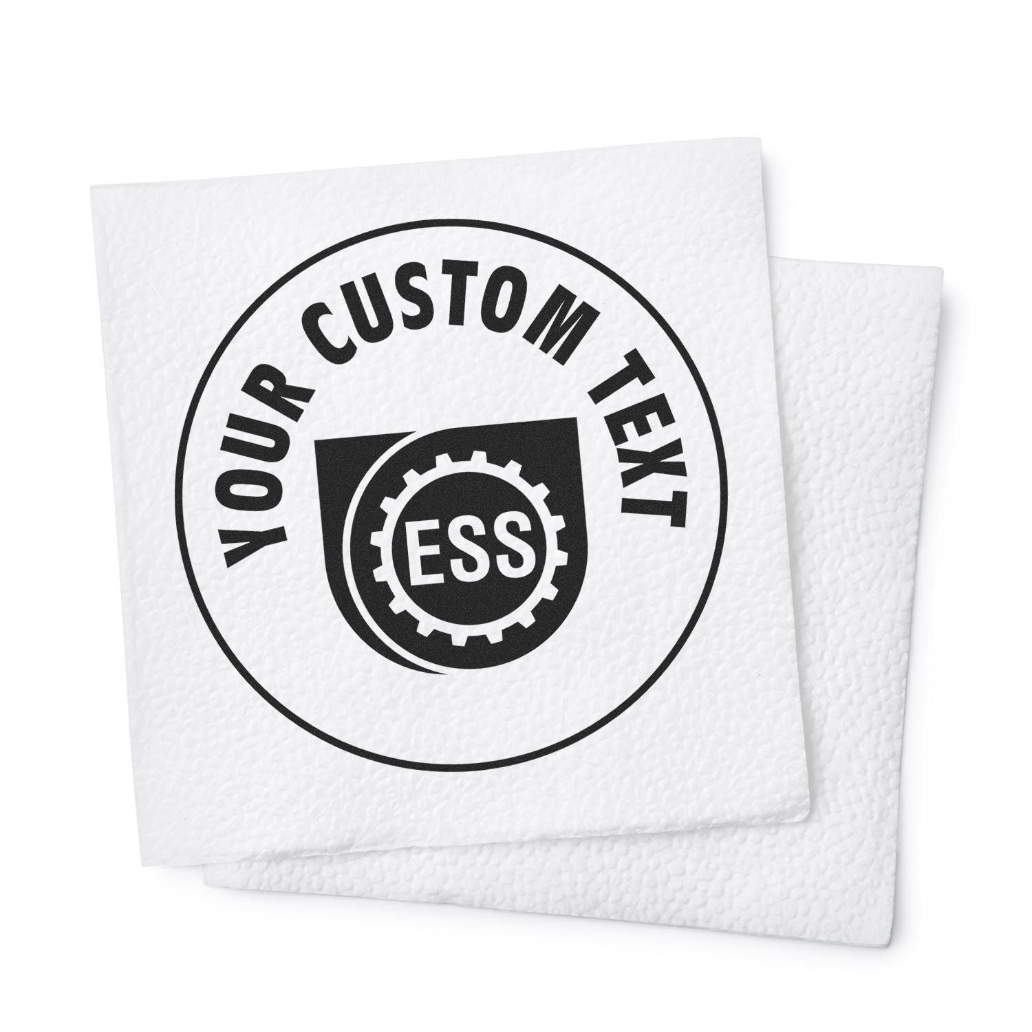 Custom Rubber Stamp Size 6 Inch Diameter imprinting YOUR CUSTOM TEXT on a white textured napkin with a gear logo in the center.