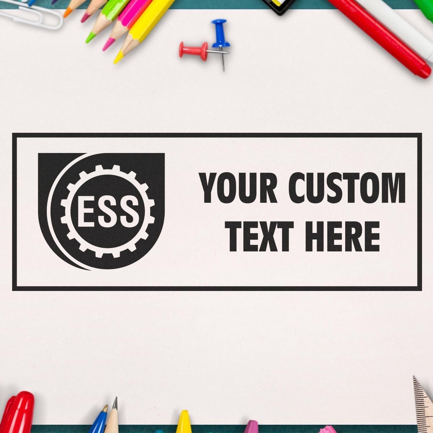 Custom Rubber Stamp Size 1 x 2 with ESS logo and Your Custom Text Here imprint, surrounded by colorful stationery items.