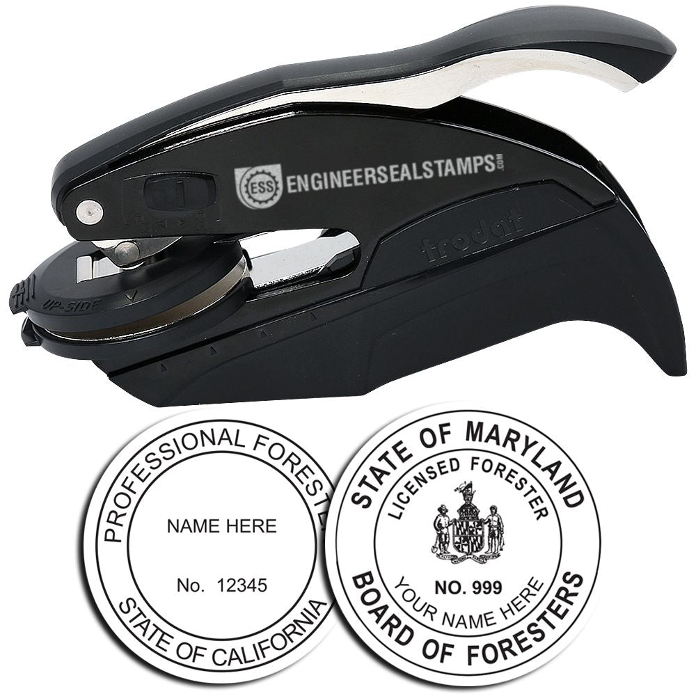 Forester Hybrid Seal Embosser with ergonomic handle, shown with two sample embossed seals for Professional Forester and State of Maryland.