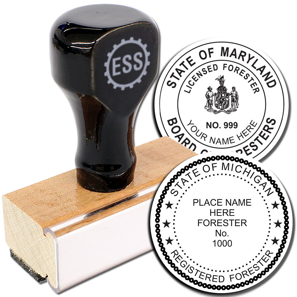 Forester Regular Rubber Stamp of Seal with wooden handle and two sample imprints for State of Maryland and State of Michigan.