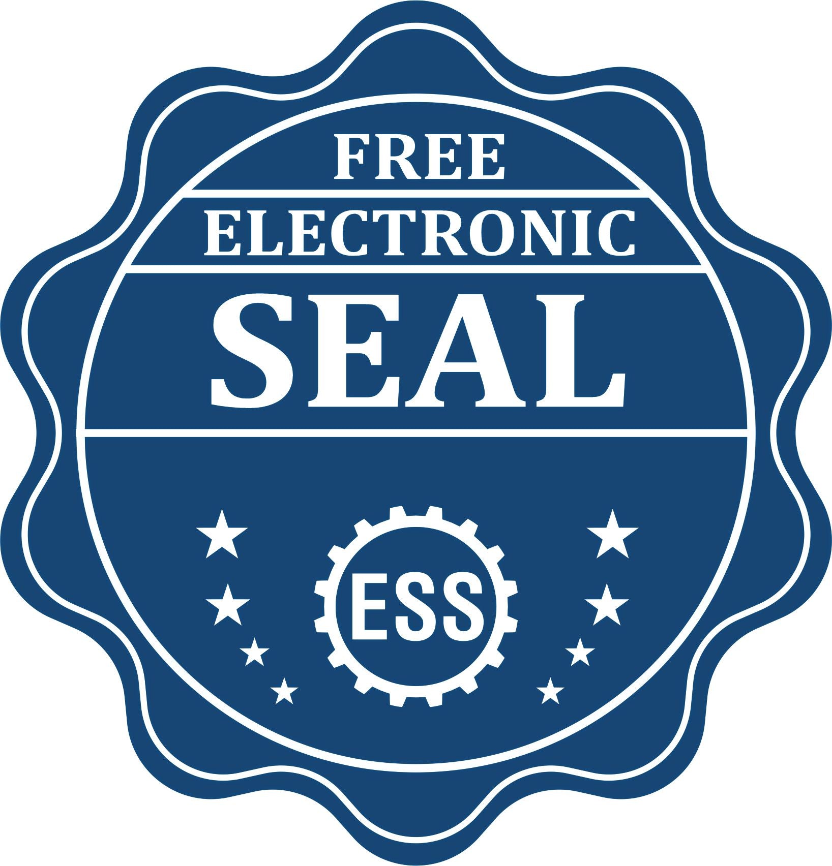 A badge showing a free electronic seal for the PSI Pre-Inked Connecticut Notary Stamp with stars and the ESS gear on the emblem.