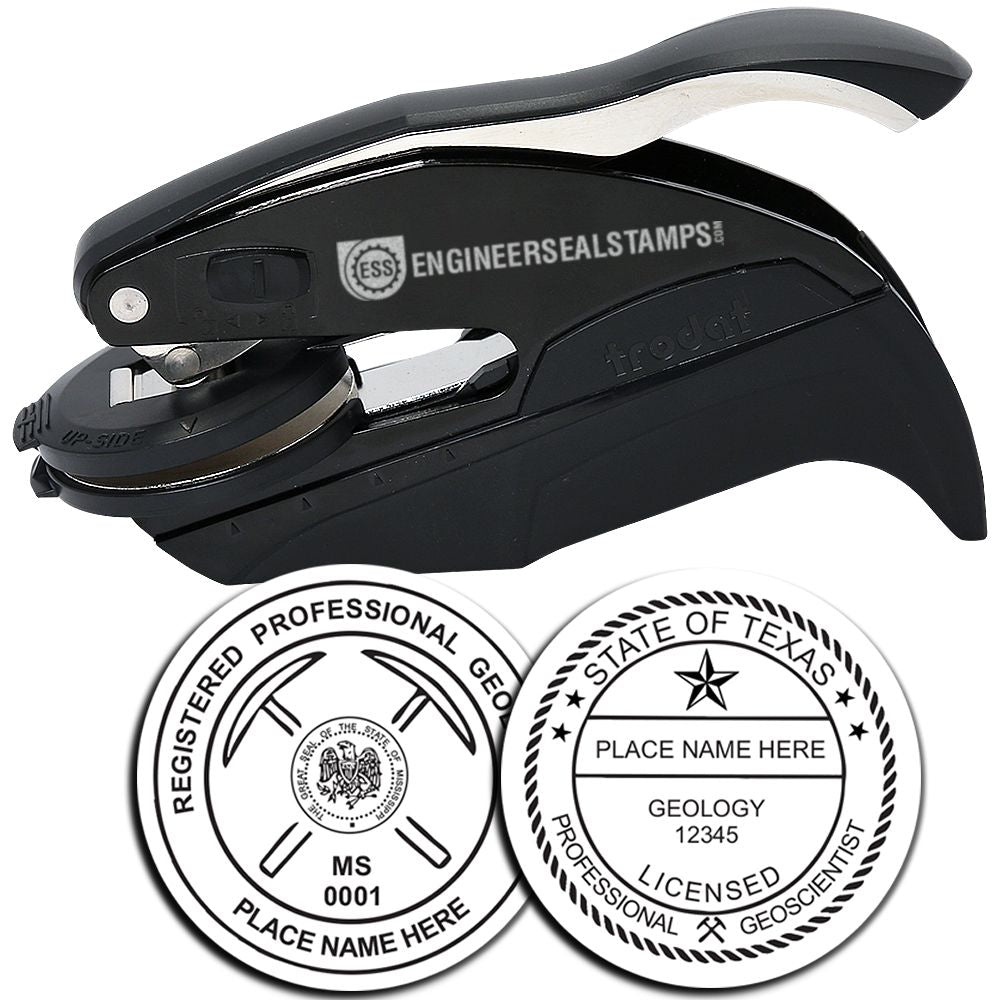 Geologist Hybrid Seal Embosser with ergonomic handle, shown with two sample embossed seals for professional geologists.