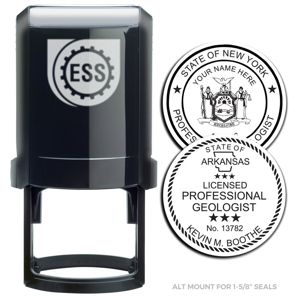 Geologist Self Inking Rubber Stamp of Seal with a black casing and two sample seal designs for New York and Arkansas professional geologists.