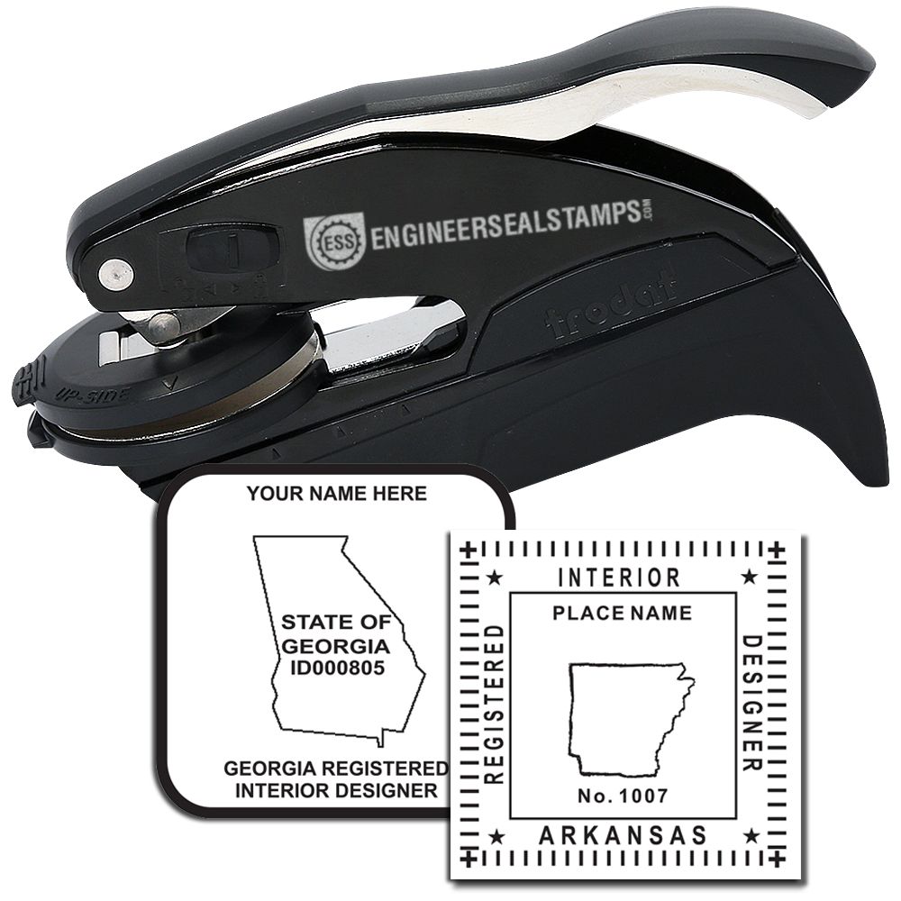 Interior Designer Hybrid Seal Embosser in black, shown with sample embossed designs for registered interior designers, including state and name details.