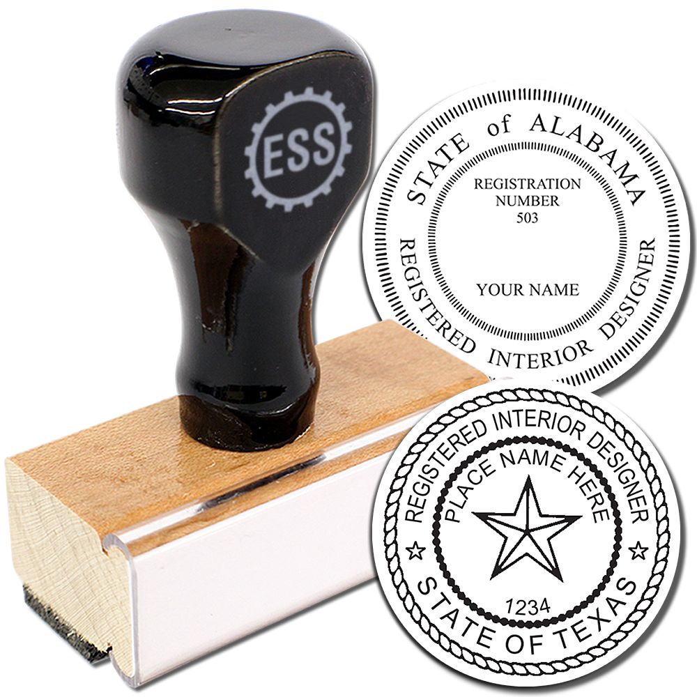 Interior Designer Regular Rubber Stamp of Seal with a black handle and wooden base, shown with two sample stamped designs for Alabama and Texas.