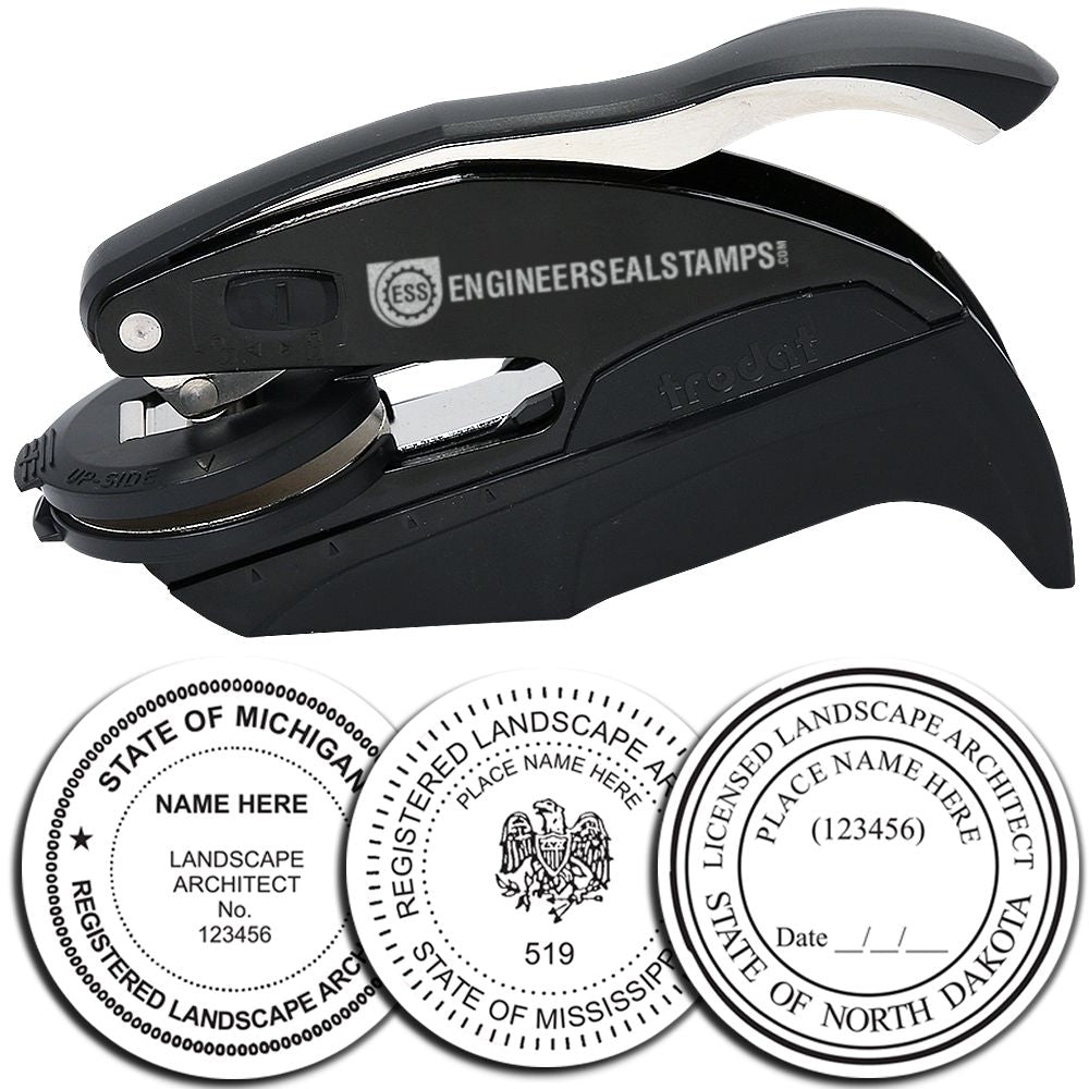 Landscape Architect Hybrid Seal Embosser in black, shown with sample embossed seals for Michigan, Mississippi, and North Dakota.