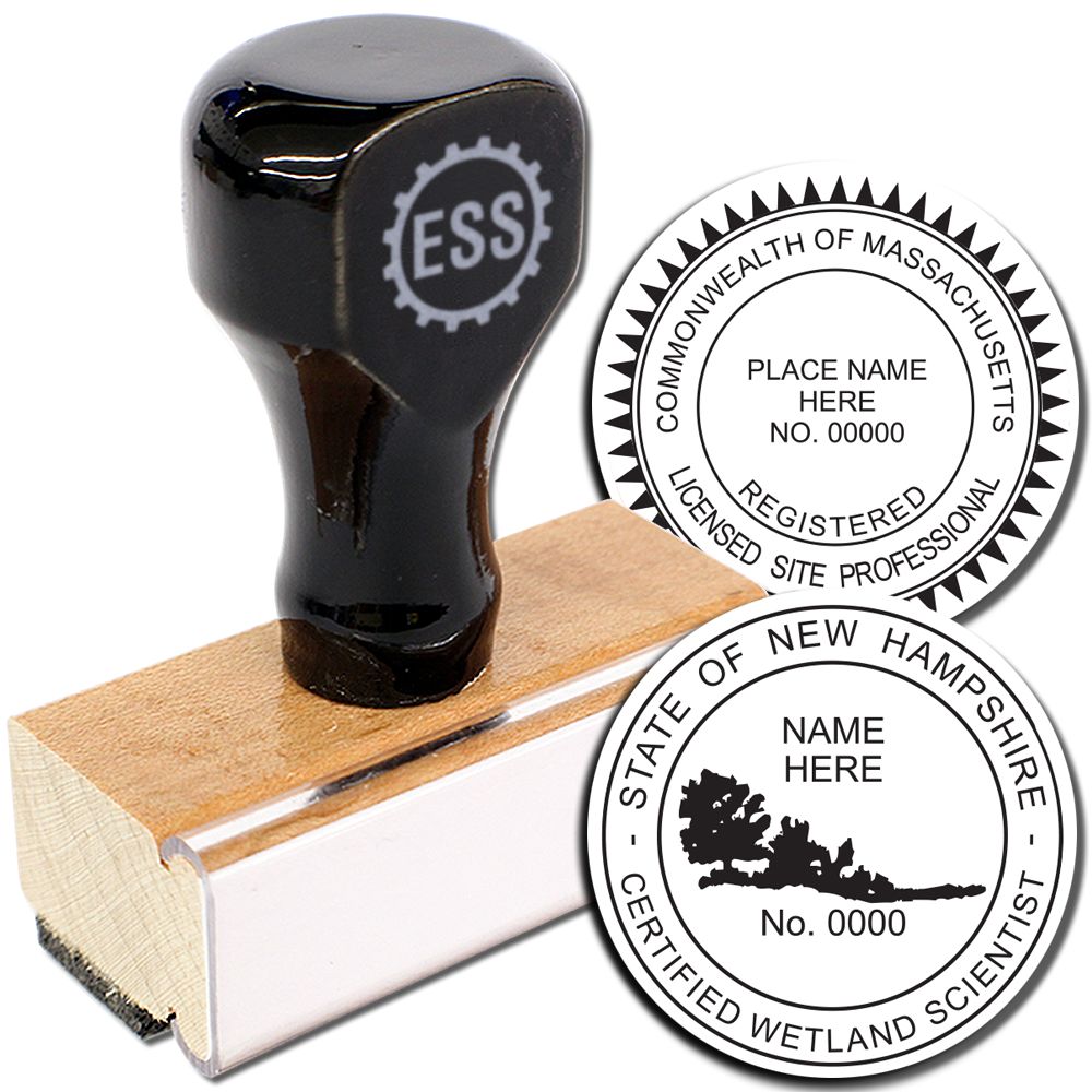 Professional Regular Rubber Stamp of Seal with a black handle and wooden base, shown with two sample seal designs for Massachusetts and New Hampshire.