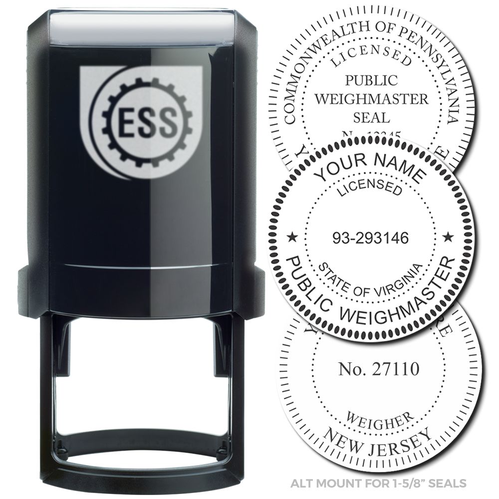 Public Weighmaster Self Inking Rubber Stamp of Seal, black stamp with customizable seal designs for various states, shown with sample imprints.