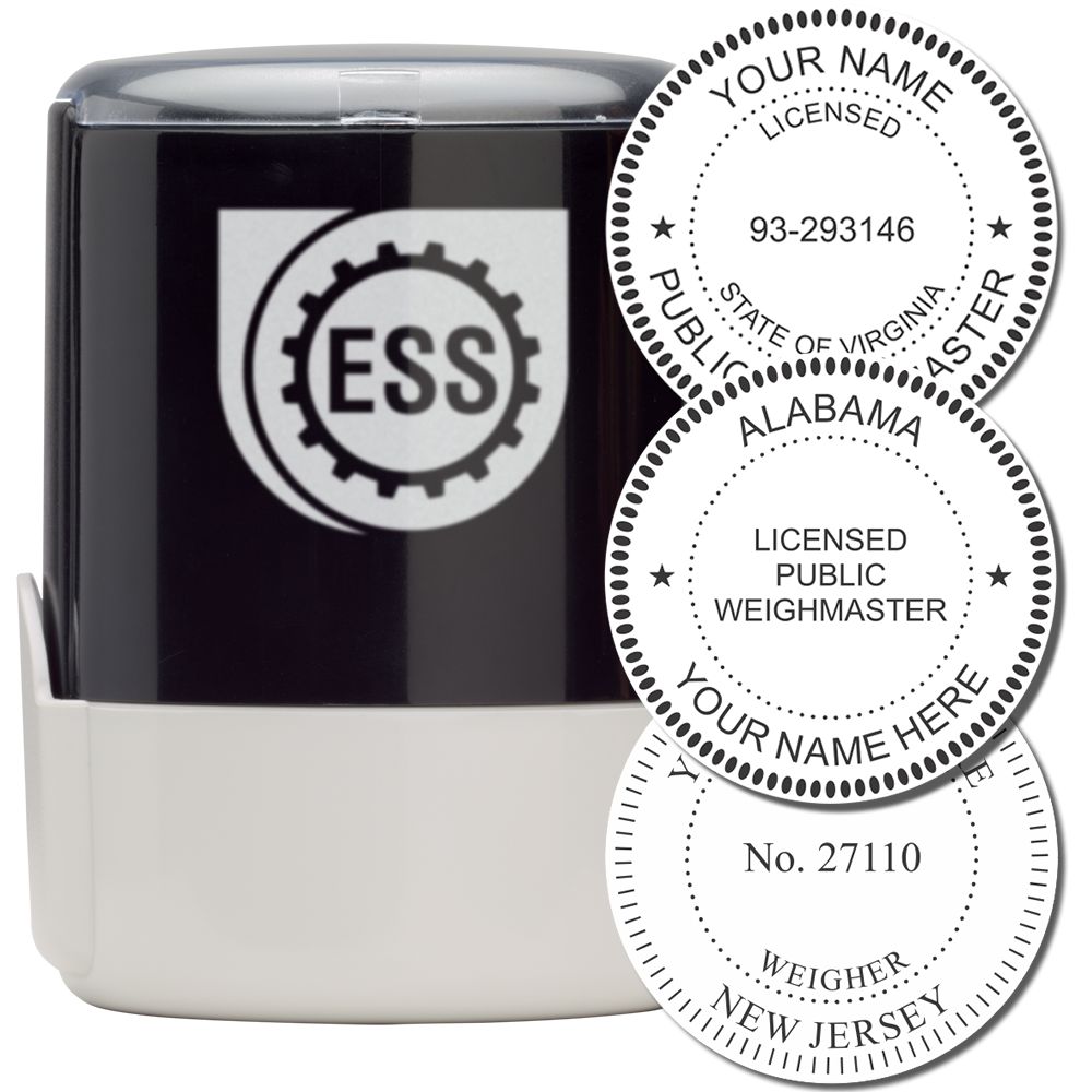 Public Weighmaster Self Inking Rubber Stamp of Seal with customizable text options, shown with three example impressions.