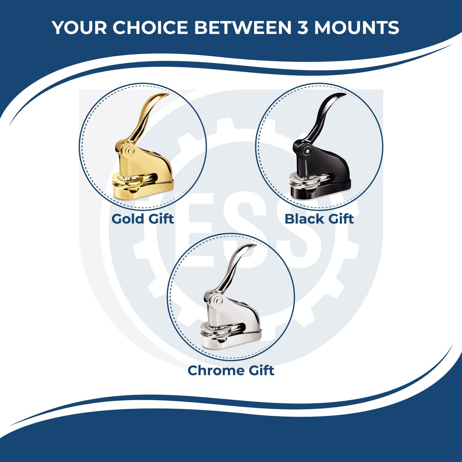 A diagram showing the handle options and colors for the gift seal embosser illustrating black, gold or chrome