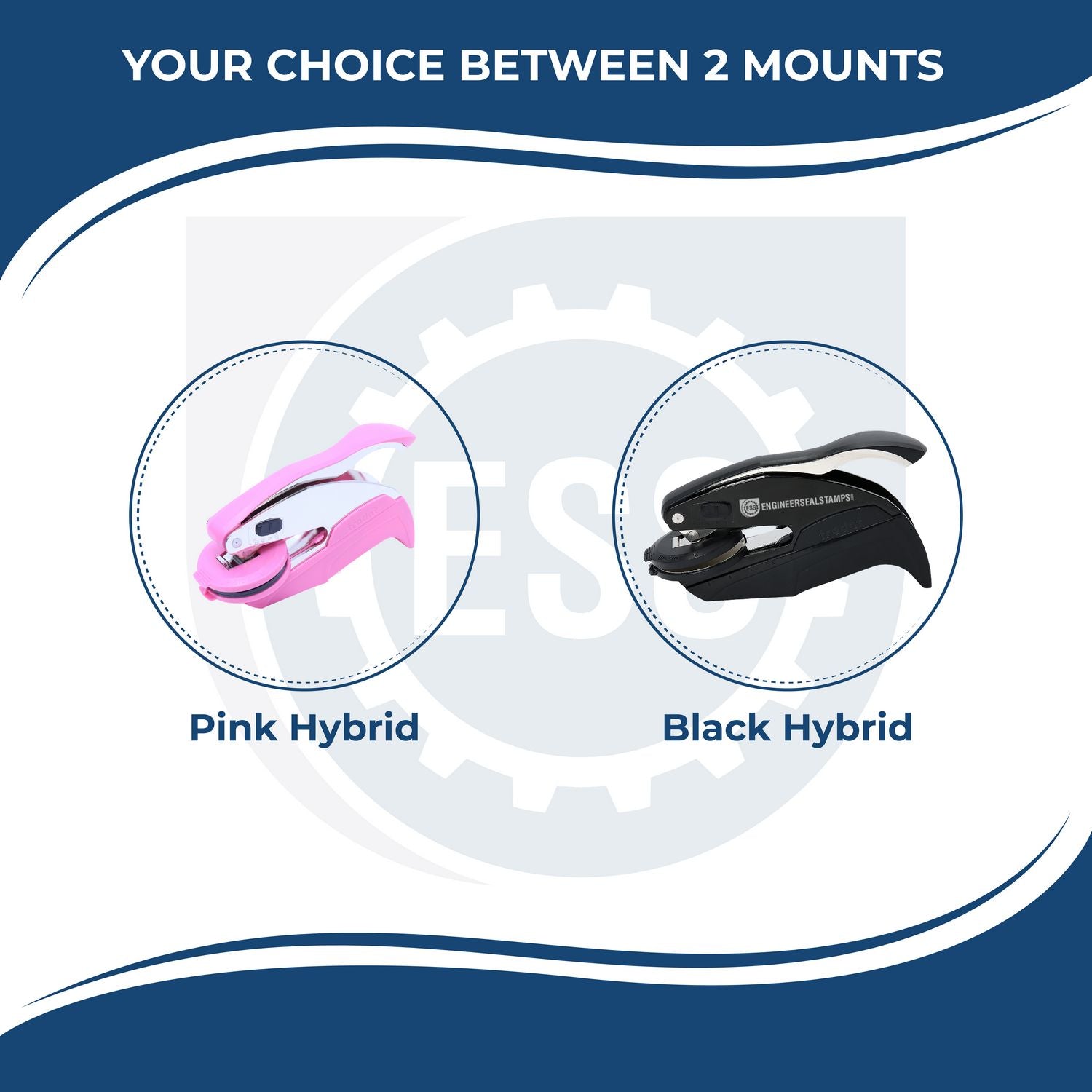 An infographic type of graphic showcasing the handle colors both pink and black for the Pink Hybrid Alabama Notary Embosser