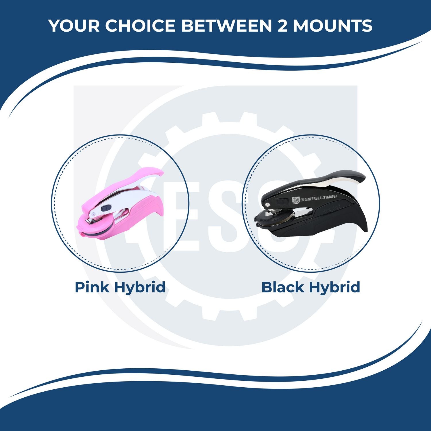 A diagram showing the handle options and colors for the gift seal embosser illustrating black, pink, gold or chrome