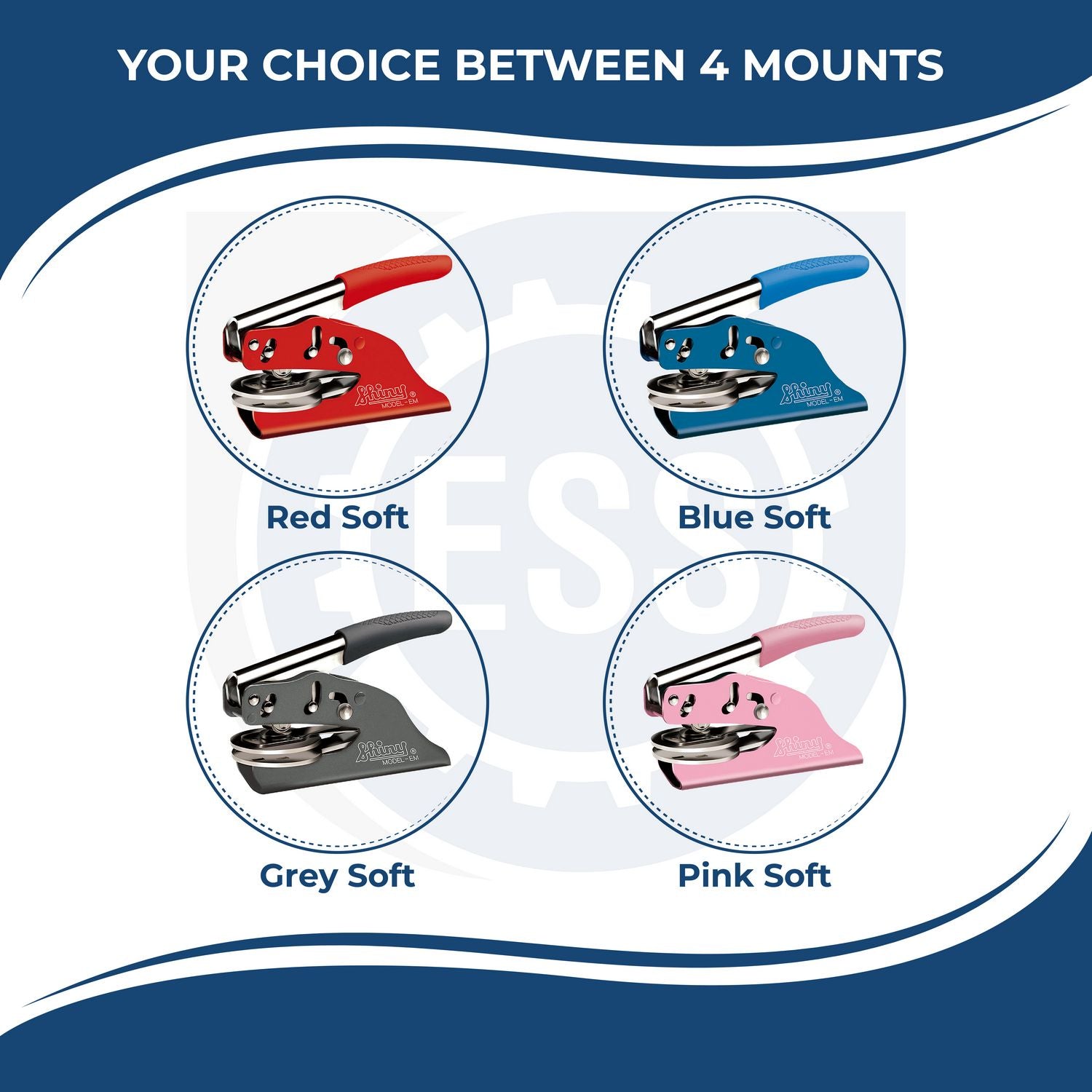 An infographic slide showing the handle color options (red, blue and black) for the Soft Seal Alabama Notary Seal