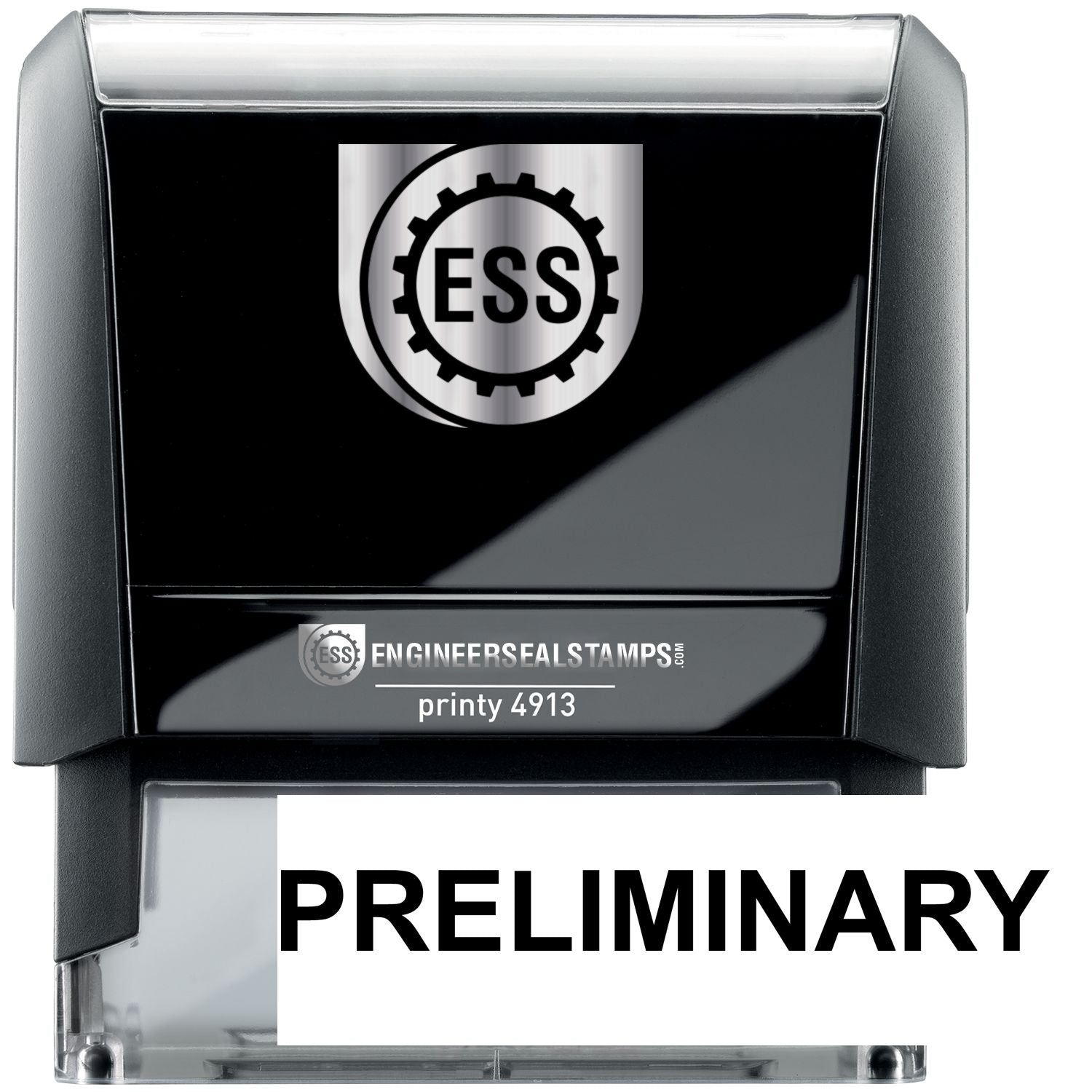 Self Inking Preliminary Stamp with ESS logo, black casing, and PRELIMINARY text in bold on the stamp pad.