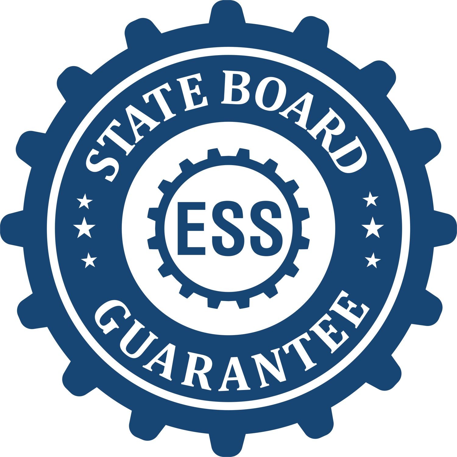 An emblem in a gear shape illustrating a state board guarantee for the Wooden Handle Mississippi State Seal Notary Public Stamp product.