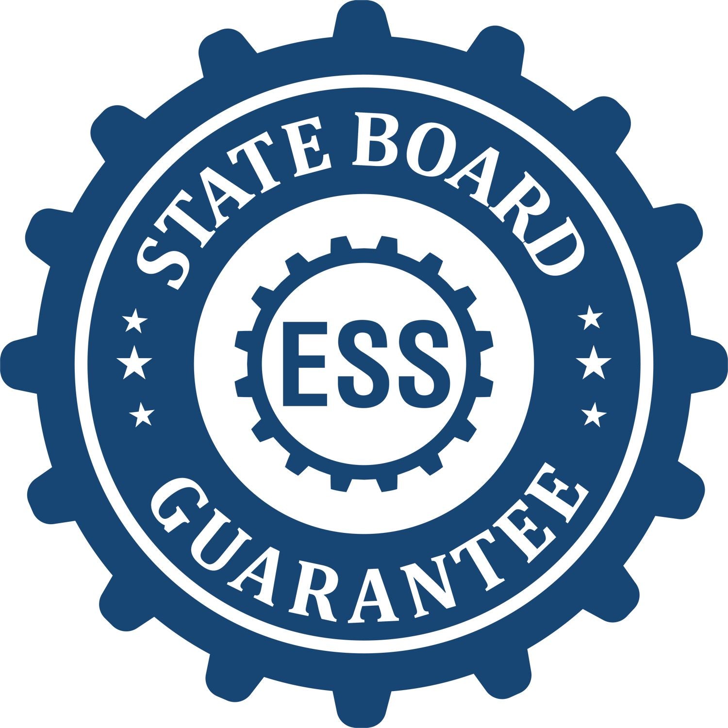 An emblem in a gear shape illustrating a state board guarantee for the PSI Pre-Inked Connecticut Notary Stamp product.