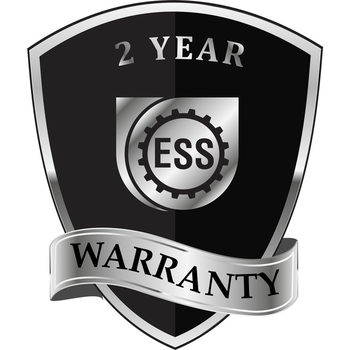 A badge or emblem showing a warranty icon for the Arkansas Desk Surveyor Seal Embosser