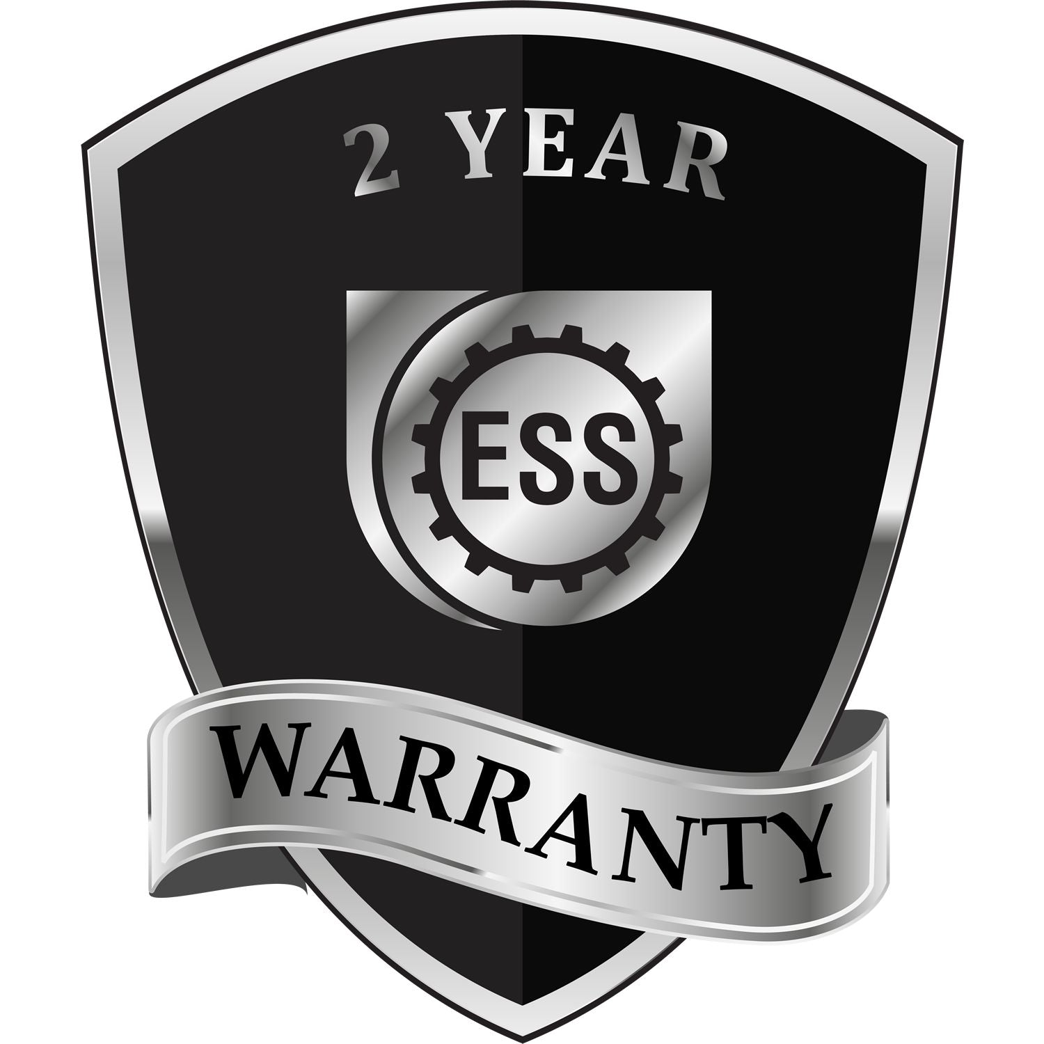 A badge or emblem showing a warranty icon for the Heavy Duty Cast Iron New Mexico Land Surveyor Seal Embosser