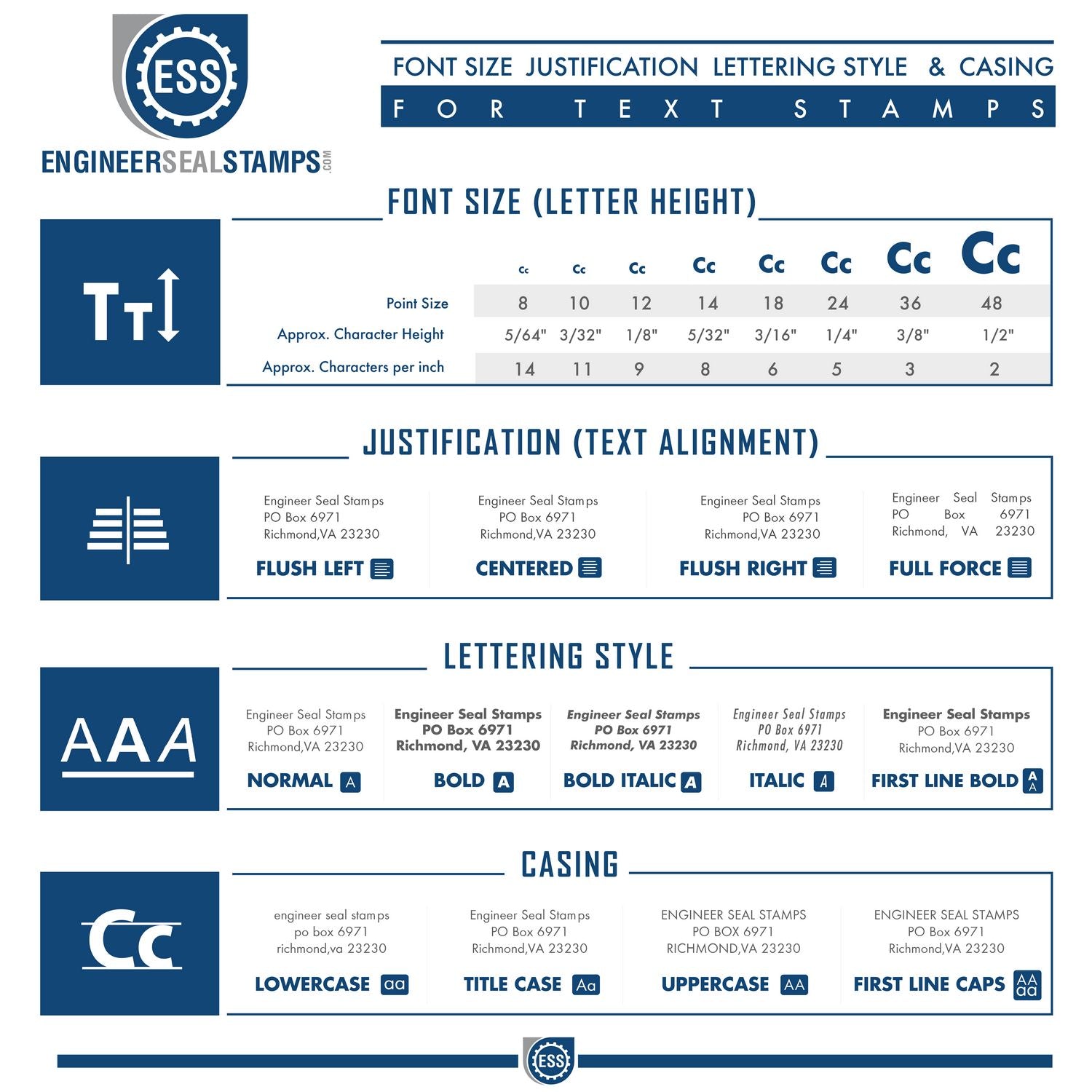 Font size, justification, lettering style, and casing options for Slim Stamp 1854 Customized Pre-Inked Stamp 11/16 x 2-1/8 by Engineer Seal Stamps.