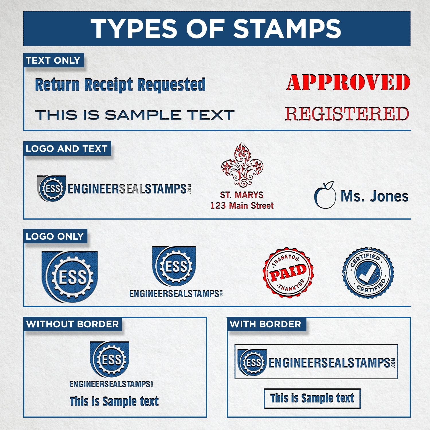 Various stamp designs including Custom Rubber Stamp Size 6 Inch Diameter with text, logos, and borders, displayed on a white background.