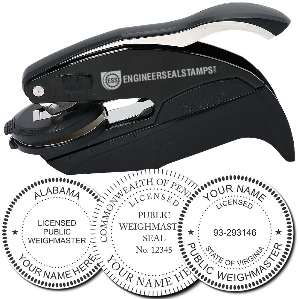 Image of a black Public Weighmaster Hybrid Seal Embosser with sample embossed seals for Alabama, Pennsylvania, and Virginia.