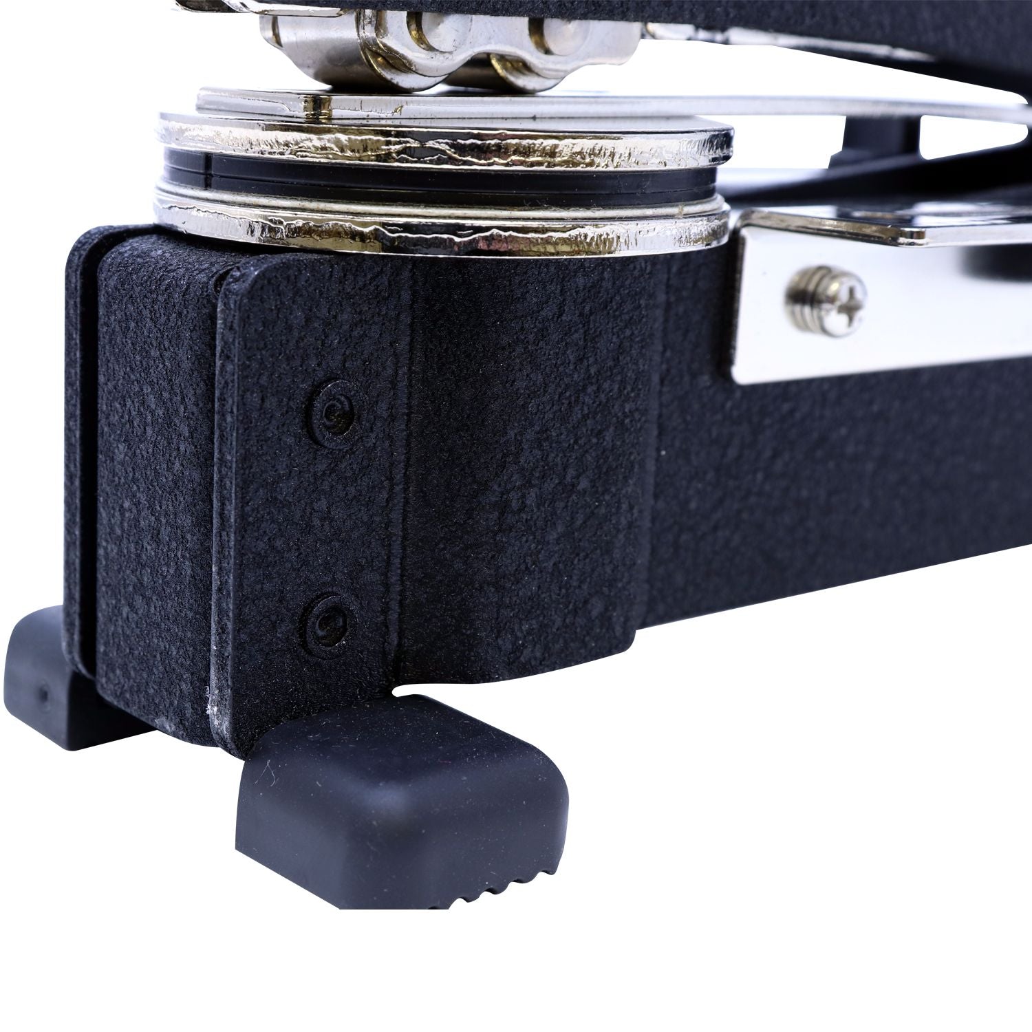 Close-up of the Extended Long Reach Notary Seal Embosser, showing the detailed die clip mechanism and sturdy black base.