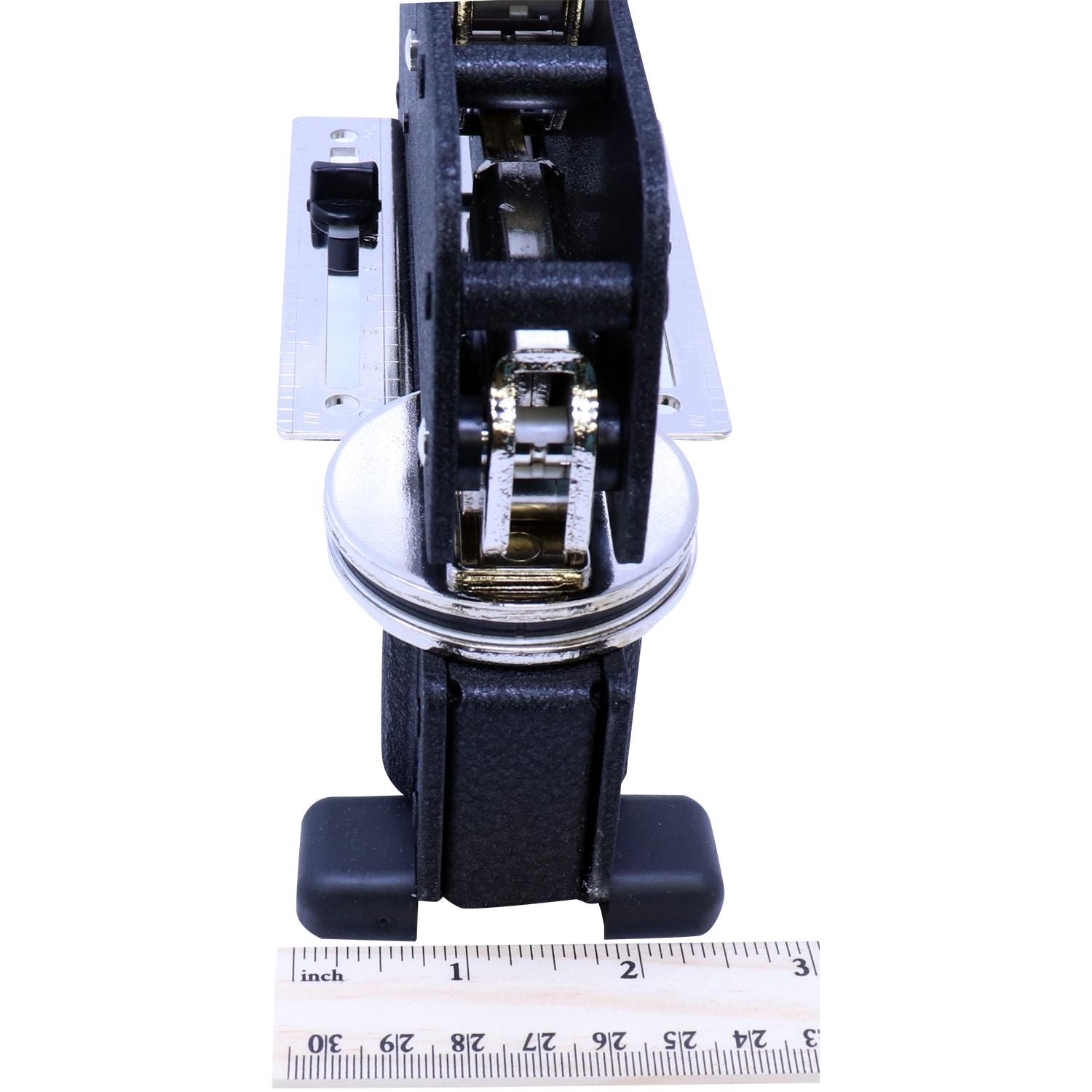 Professional Engineer Extended Long Reach Desk Seal Embosser in black, shown from the front with a ruler for scale, highlighting its extended reach and sturdy construction.