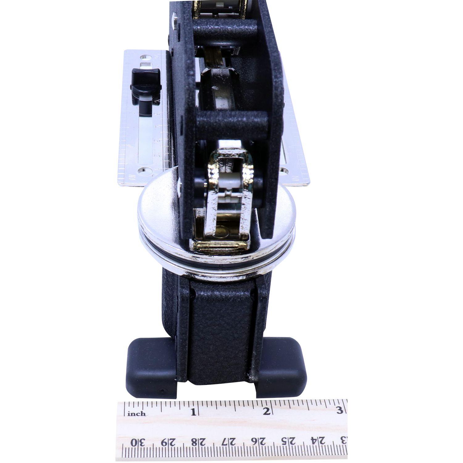 Geologist Extended Long Reach Desk Seal Embosser in black, shown with a ruler for scale, highlighting its extended reach and detailed construction.