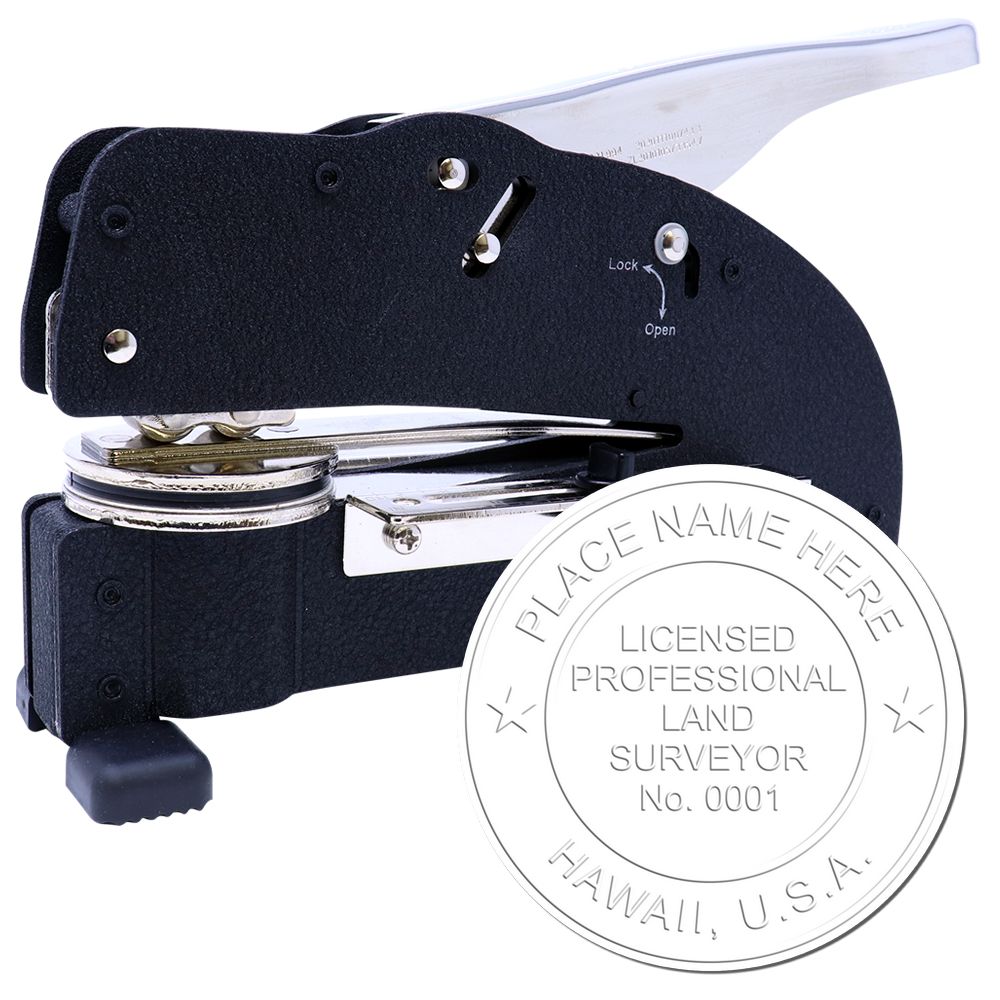 The main image for the Extended Long Reach Hawaii Surveyor Embosser depicting a sample of the imprint and electronic files