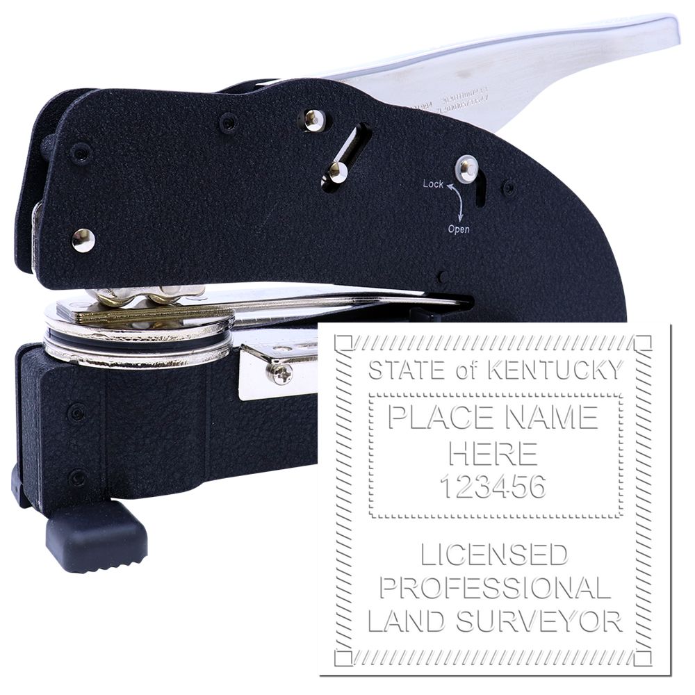 The main image for the Extended Long Reach Kentucky Surveyor Embosser depicting a sample of the imprint and electronic files