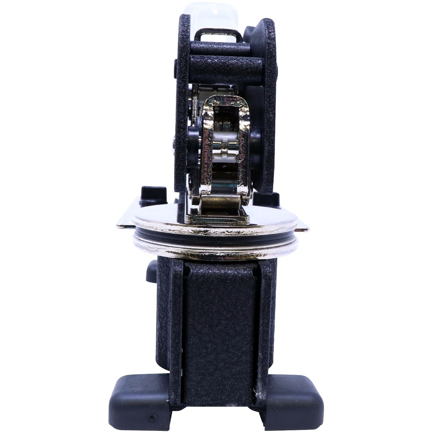 Front view of the Extended Long Reach Notary Seal Embosser with a black handle and metal components, designed for professional notary use.